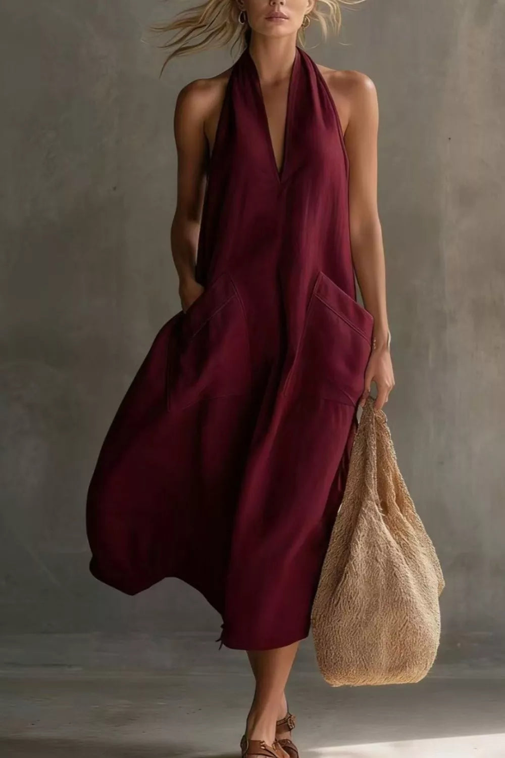 Burgundy Relaxed halter neck midi dress with patch pockets