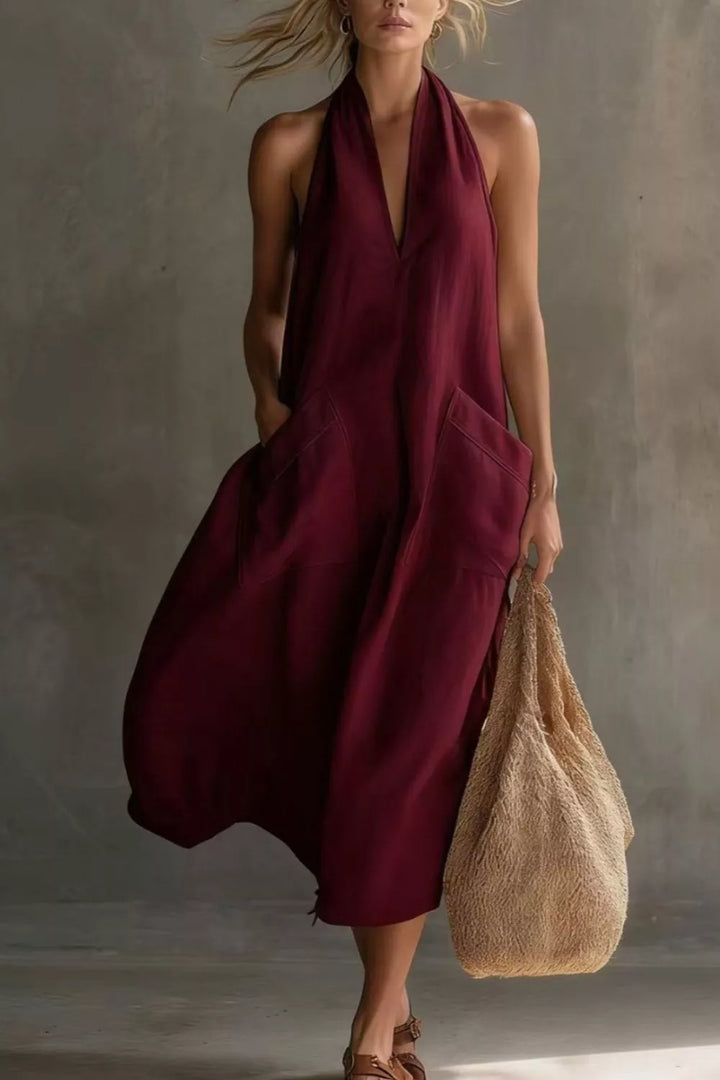 Burgundy Relaxed halter neck midi dress with patch pockets