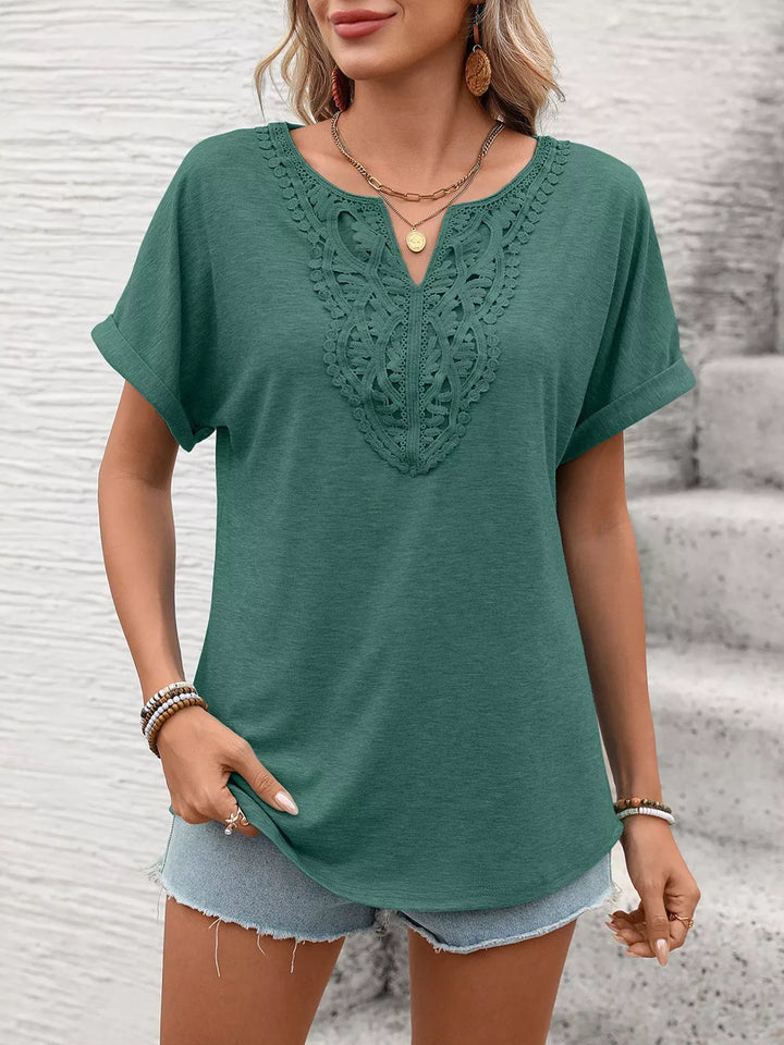 Lace-trim V-neck short sleeve top with rolled cuffs