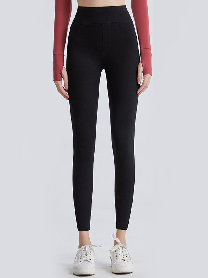 Black High-waist denim-look sports leggings with faux pockets