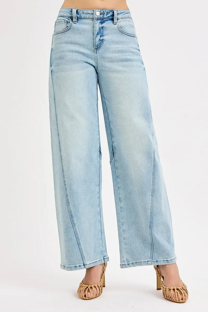 Mid-rise barrel-leg jeans with whiskered wash