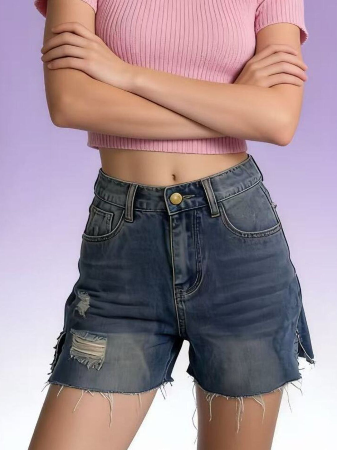 Distressed high-rise denim shorts with frayed raw hem