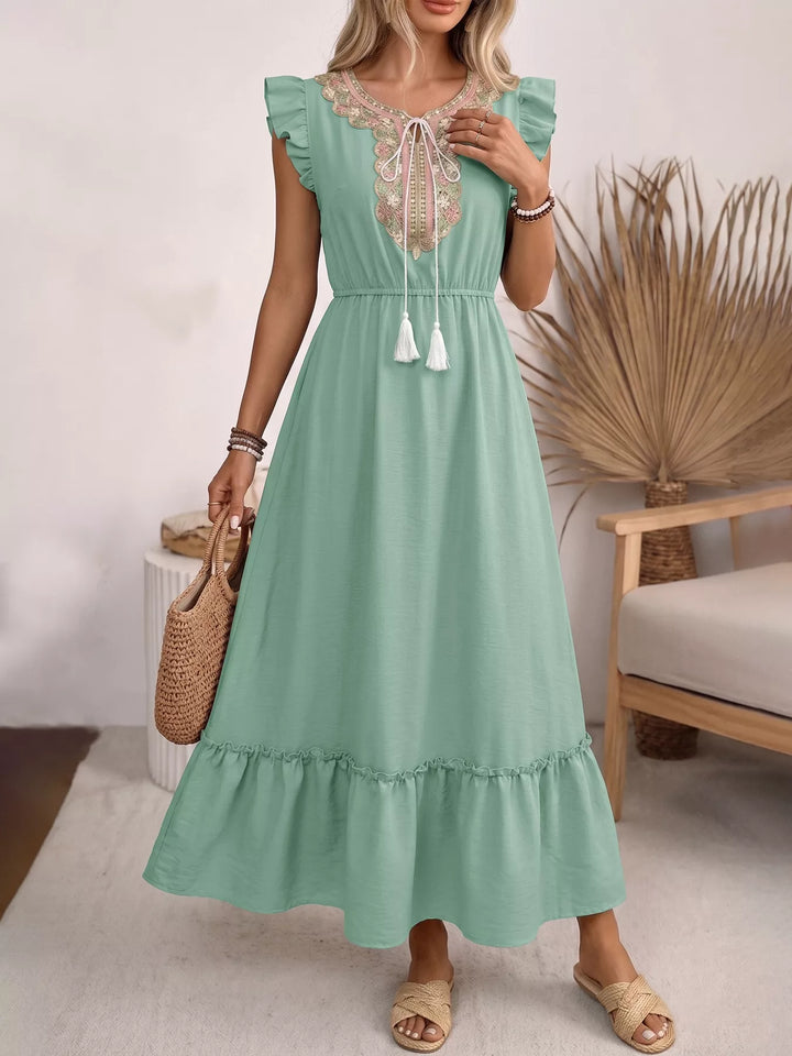 Embroidered tie-neck flutter sleeve maxi dress