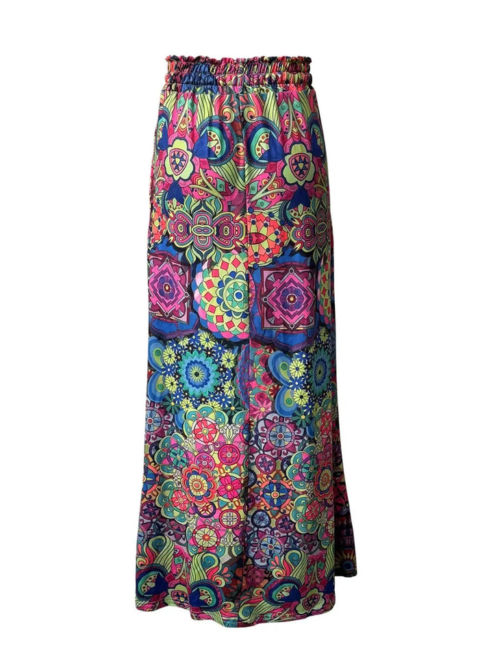 Feather print maxi skirt with drawstring waist and pockets