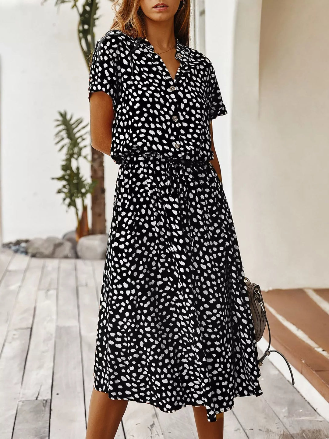 Animal print short sleeve midi shirt dress with tie waist