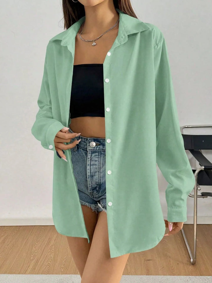 Oversized button-front long sleeve shirt with collar
