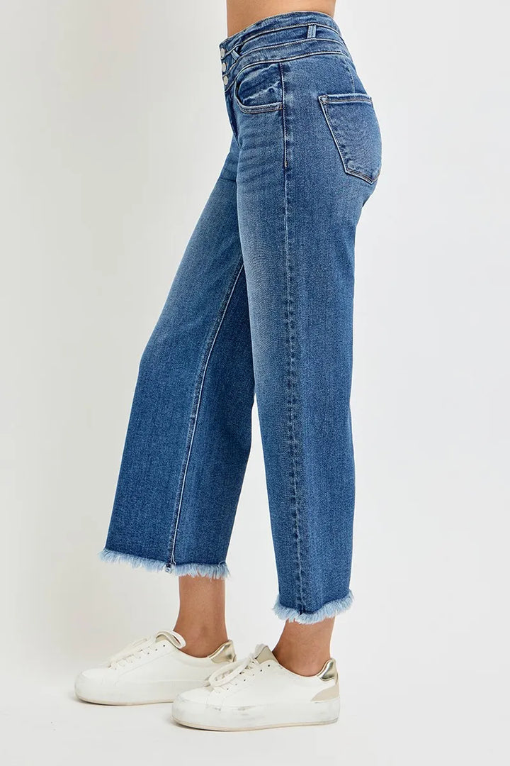 High-rise crop wide-leg jeans with crosshatch band and raw hem