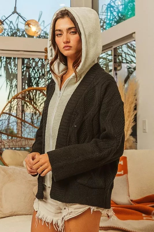 Cable-knit zip-up hoodie sweater jacket with contrast hood