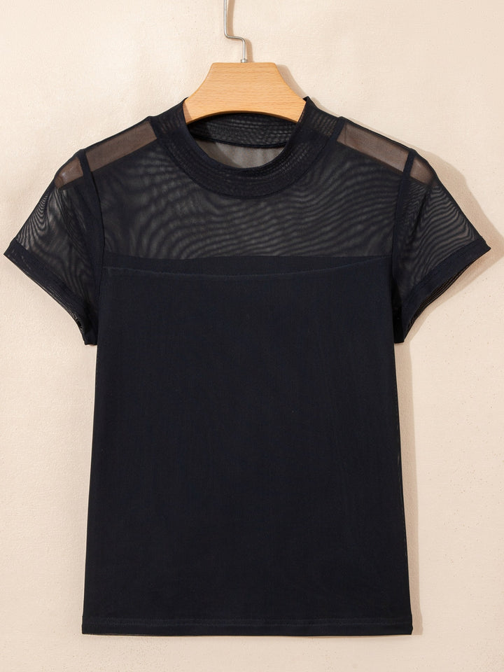 Sheer mesh yoke cap sleeve top with ruched waist