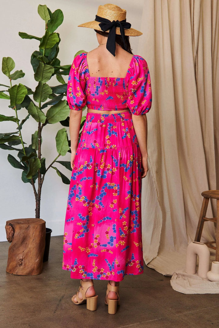 Floral smocked waistband ruffled maxi skirt with pockets