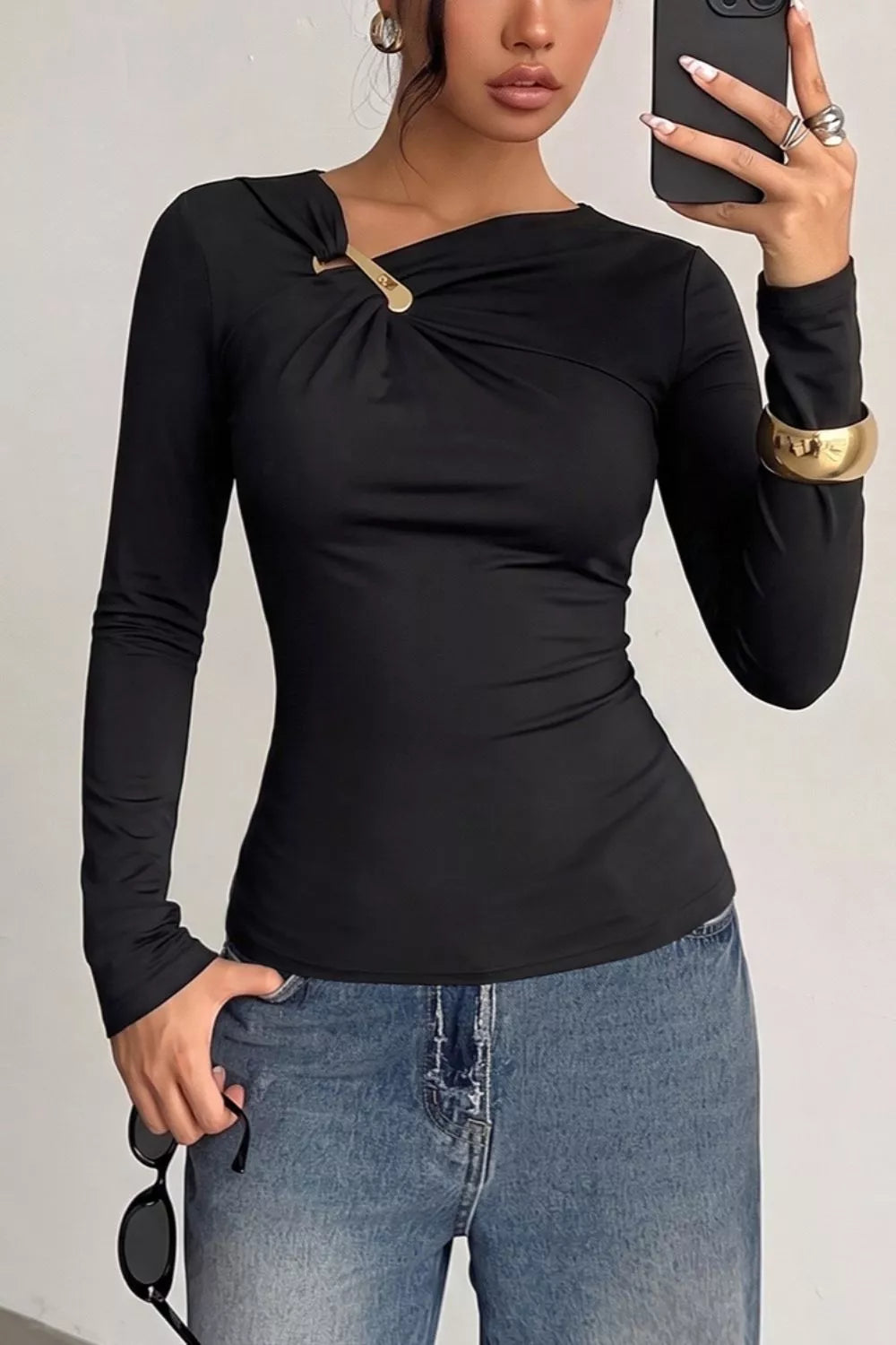 Black Asymmetric neckline ruched long sleeve top with gold bar