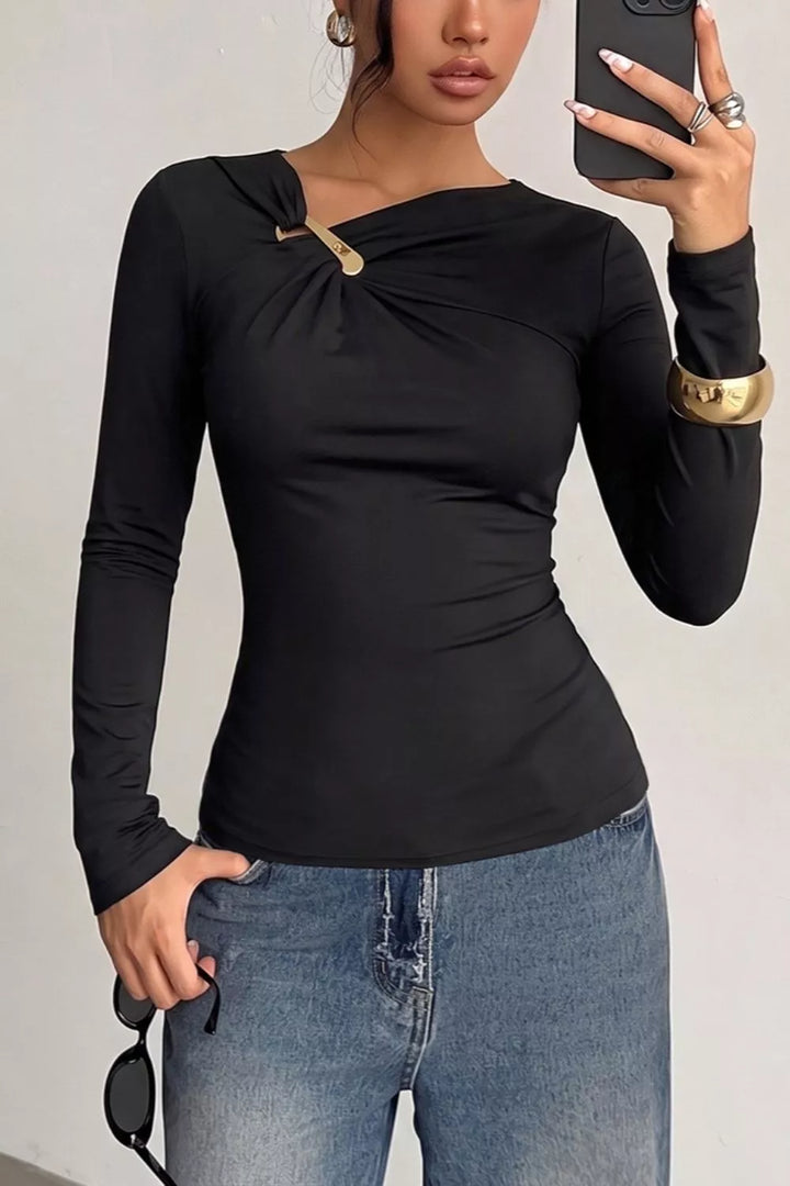 Black Asymmetric neckline ruched long sleeve top with gold bar
