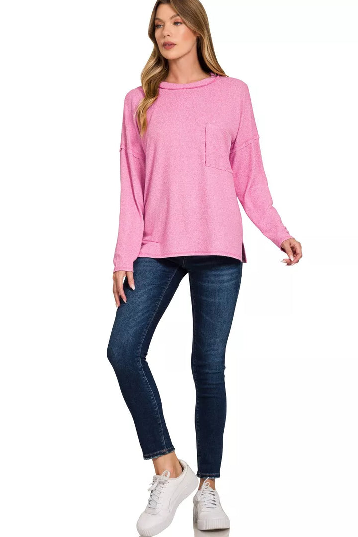 Oversized melange knit long sleeve top with chest pocket