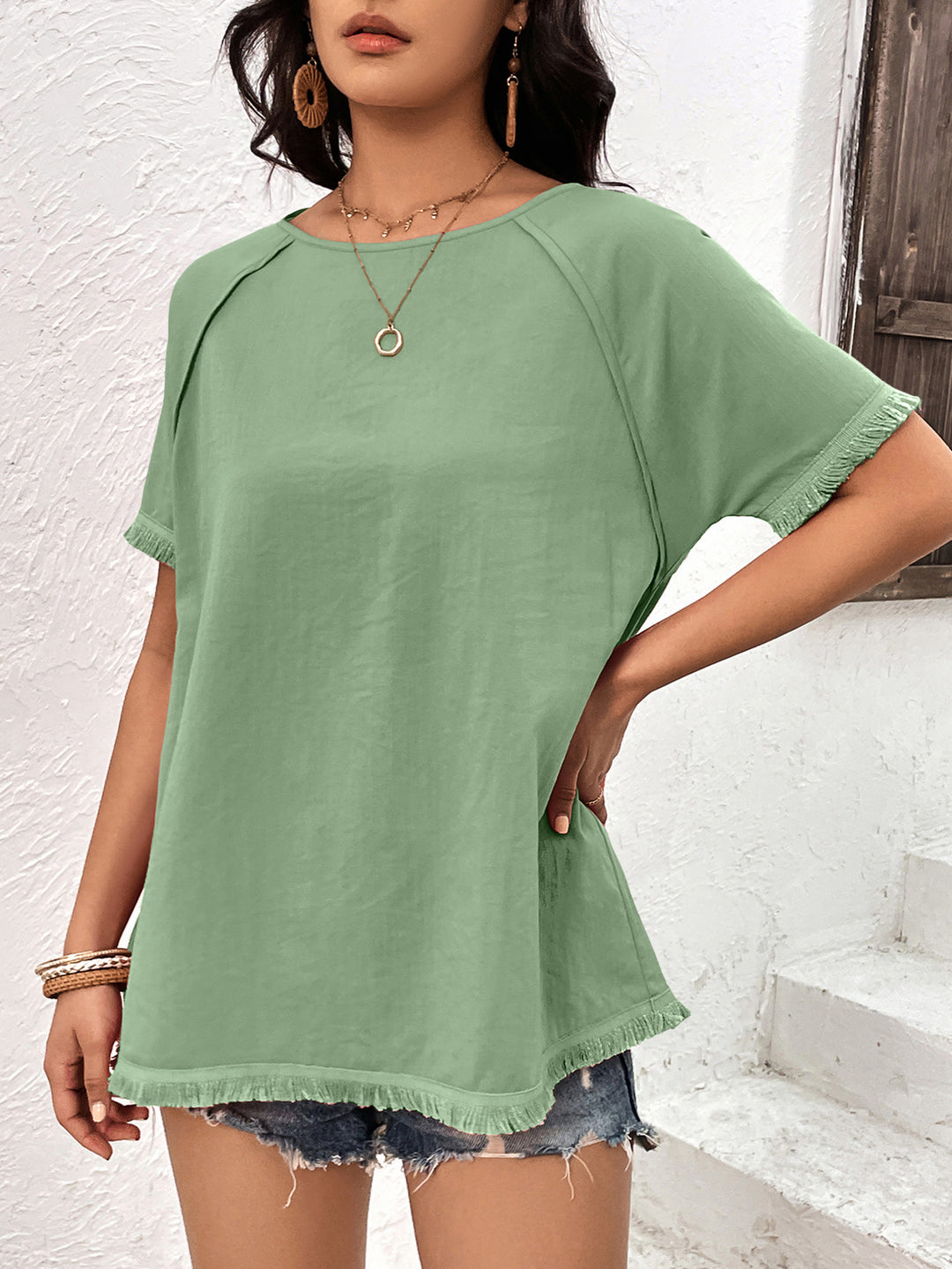 Fringe-trim raglan sleeve round neck tunic top