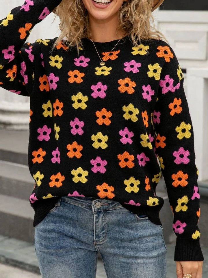 Black Retro daisy floral crew neck knit sweater