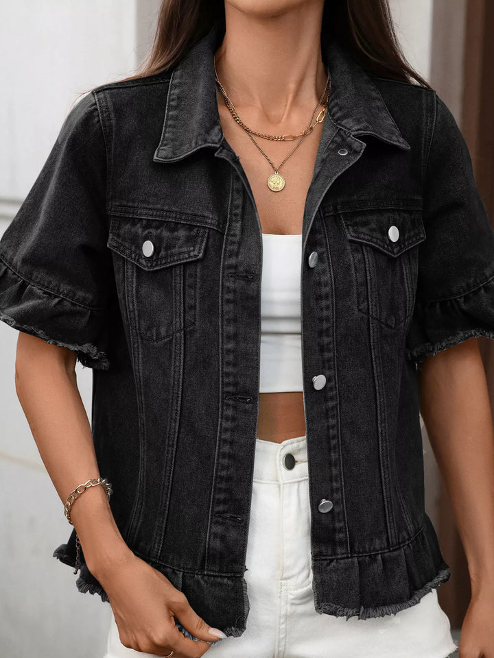 Black Gray Ruffled raw-hem short-sleeve denim jacket