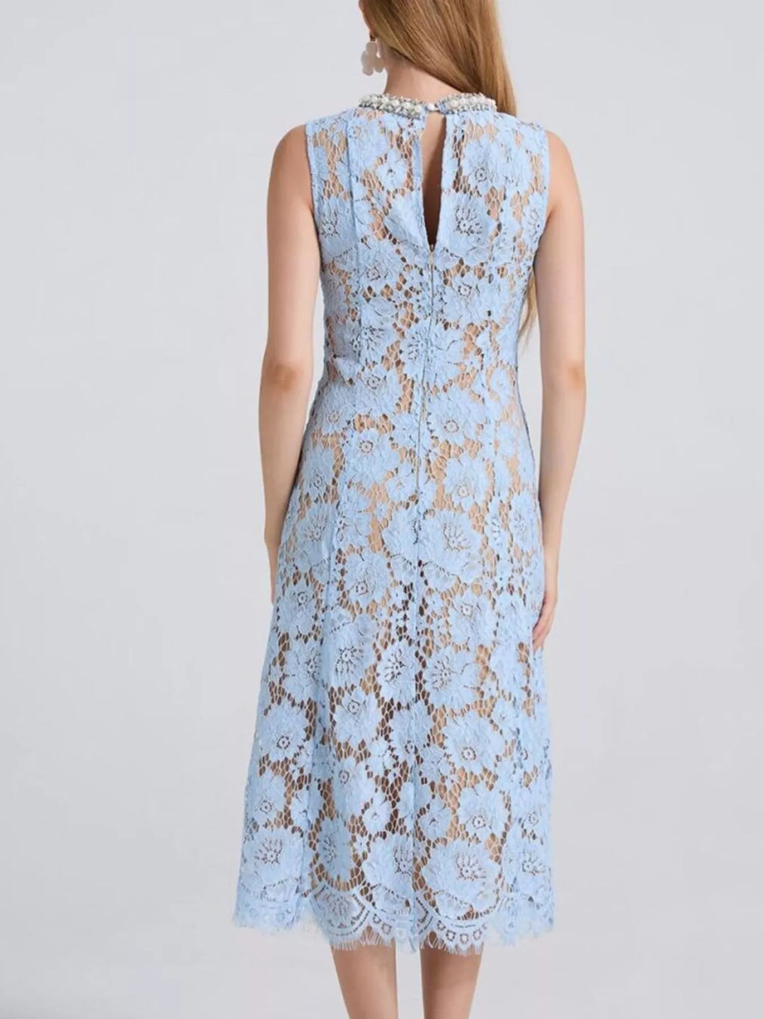 Sleeveless floral lace midi dress with pearl neckline
