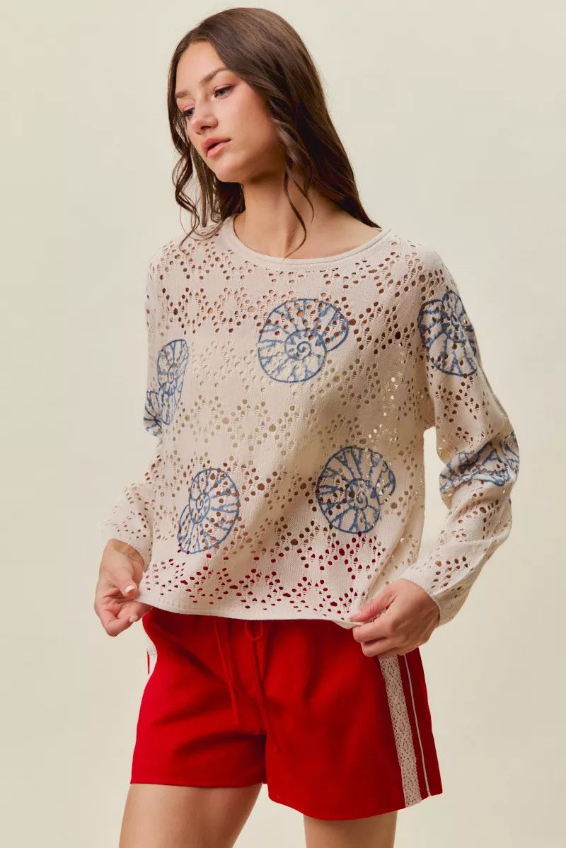 Seashell motif openwork knit long sleeve top