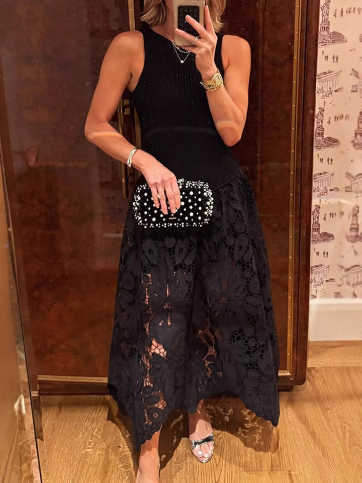 Sleeveless ribbed knit and crochet handkerchief-hem midi dress