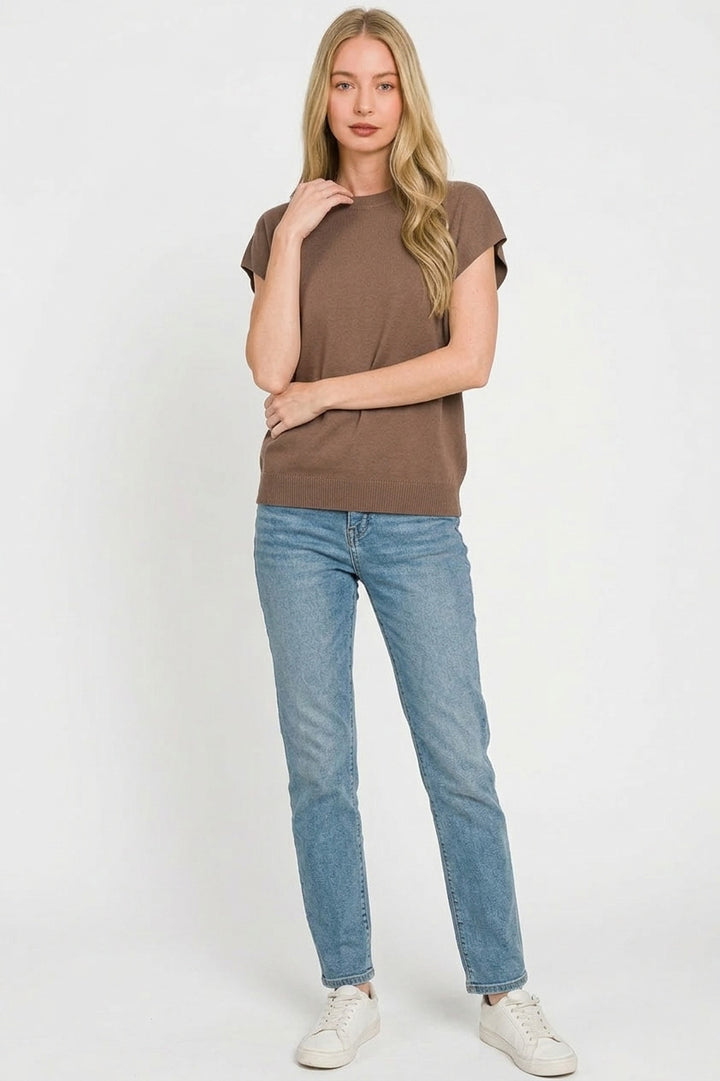 Boxy short sleeve knit sweater top with ribbed trim
