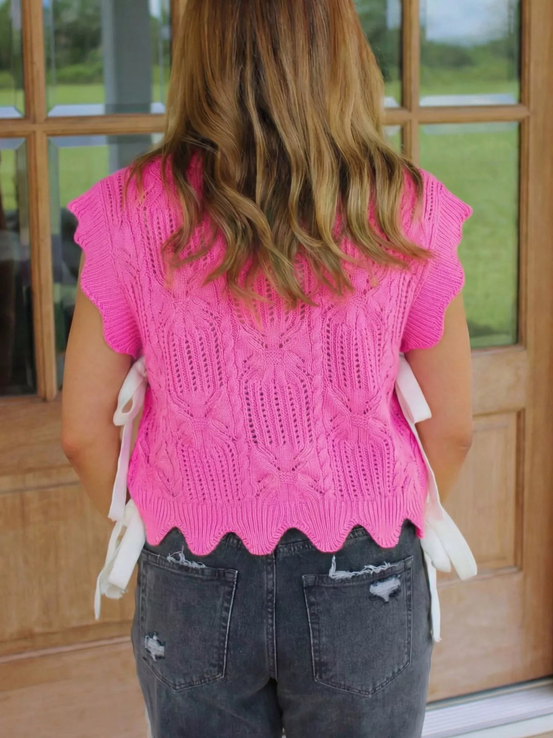 Openwork cable knit crop top with side ties and ruffle sleeves