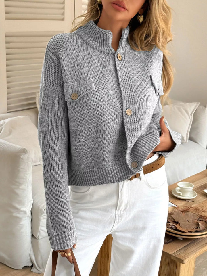 Chunky knit button-front cardigan with chest flap pocket