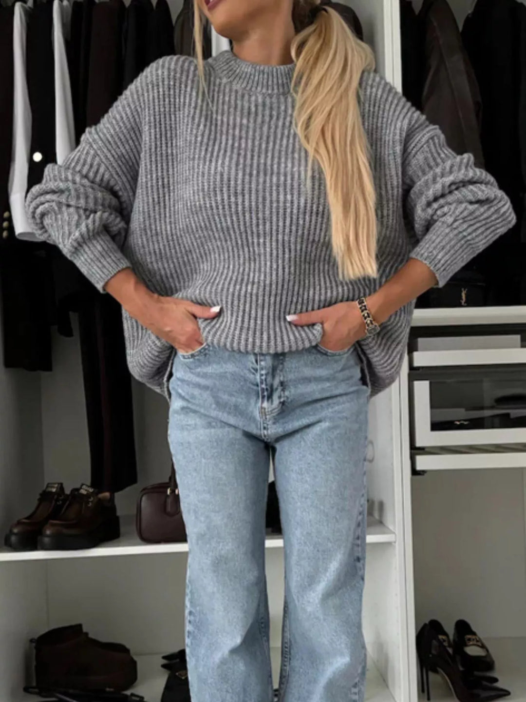 Chunky ribbed knit oversized crew neck sweater