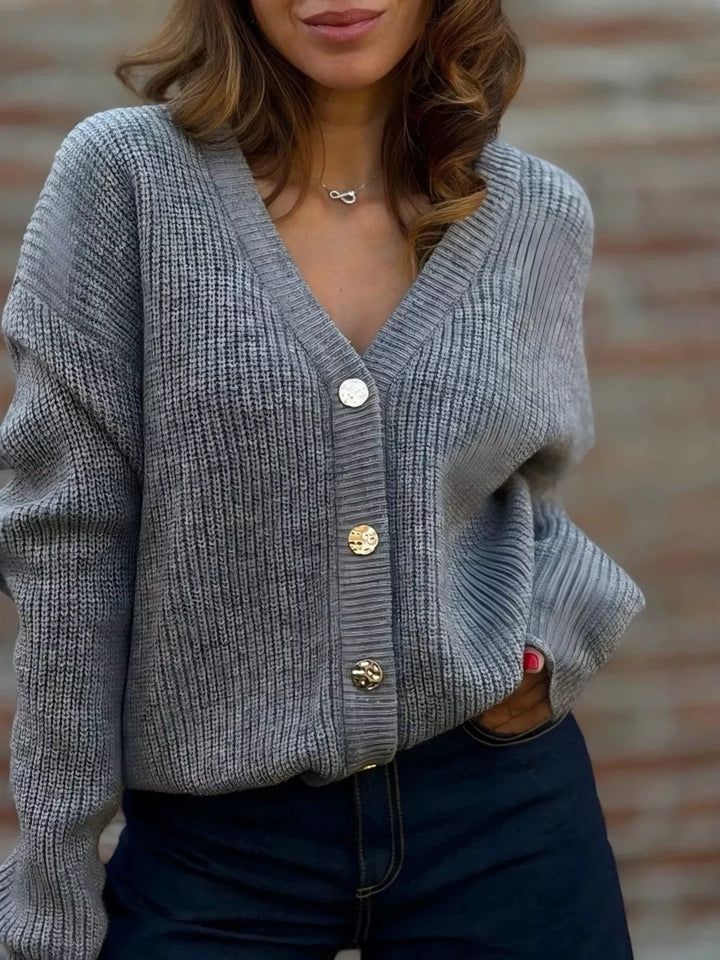 Dark Gray Ribbed knit V-neck button-front cardigan with gold buttons