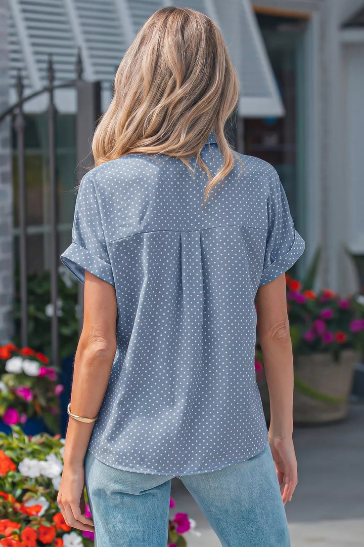 Polka dot button-down shirt with cuffed short sleeves