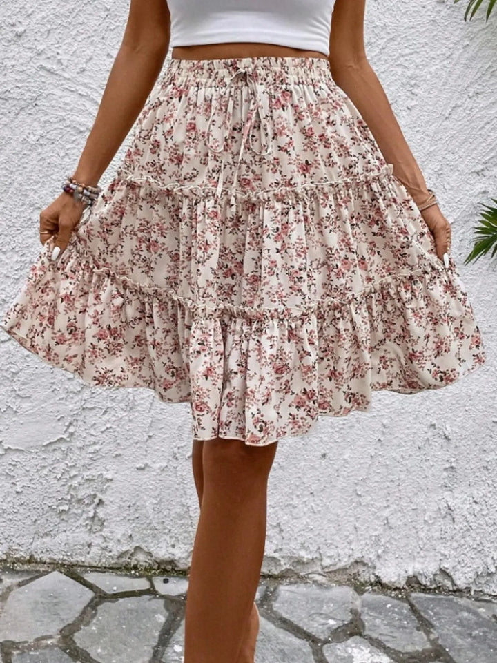 Floral print tiered ruffle mini skirt