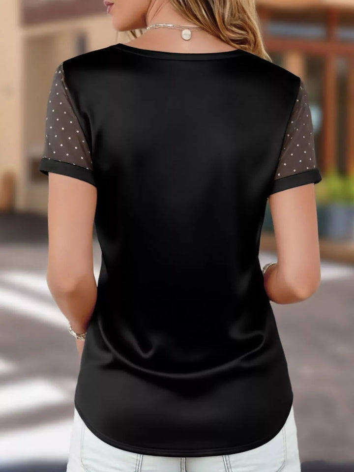 Satin v-neck top with sheer polka dot mesh sleeves