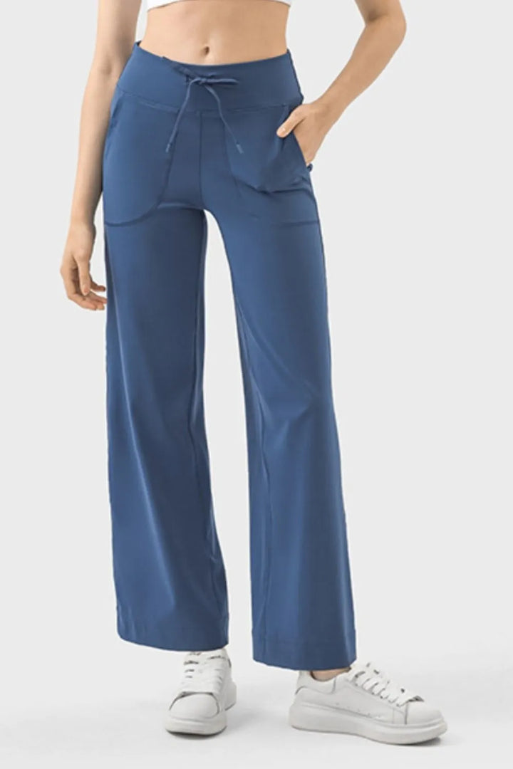 Dusty Blue Wide-leg drawstring active pants with pockets