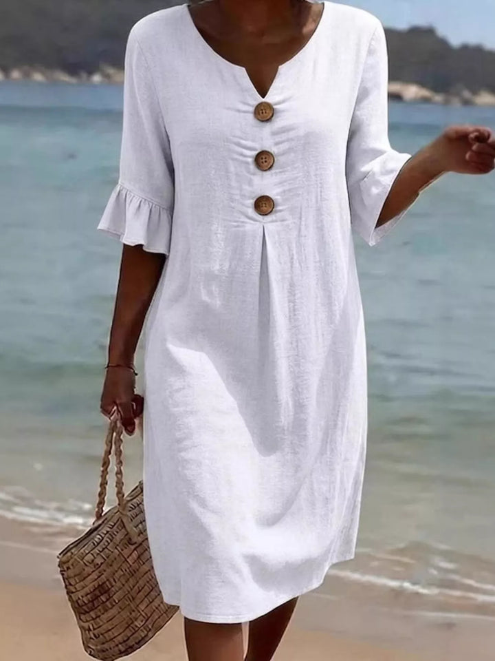 White Flounce sleeve button-front pleated midi dress