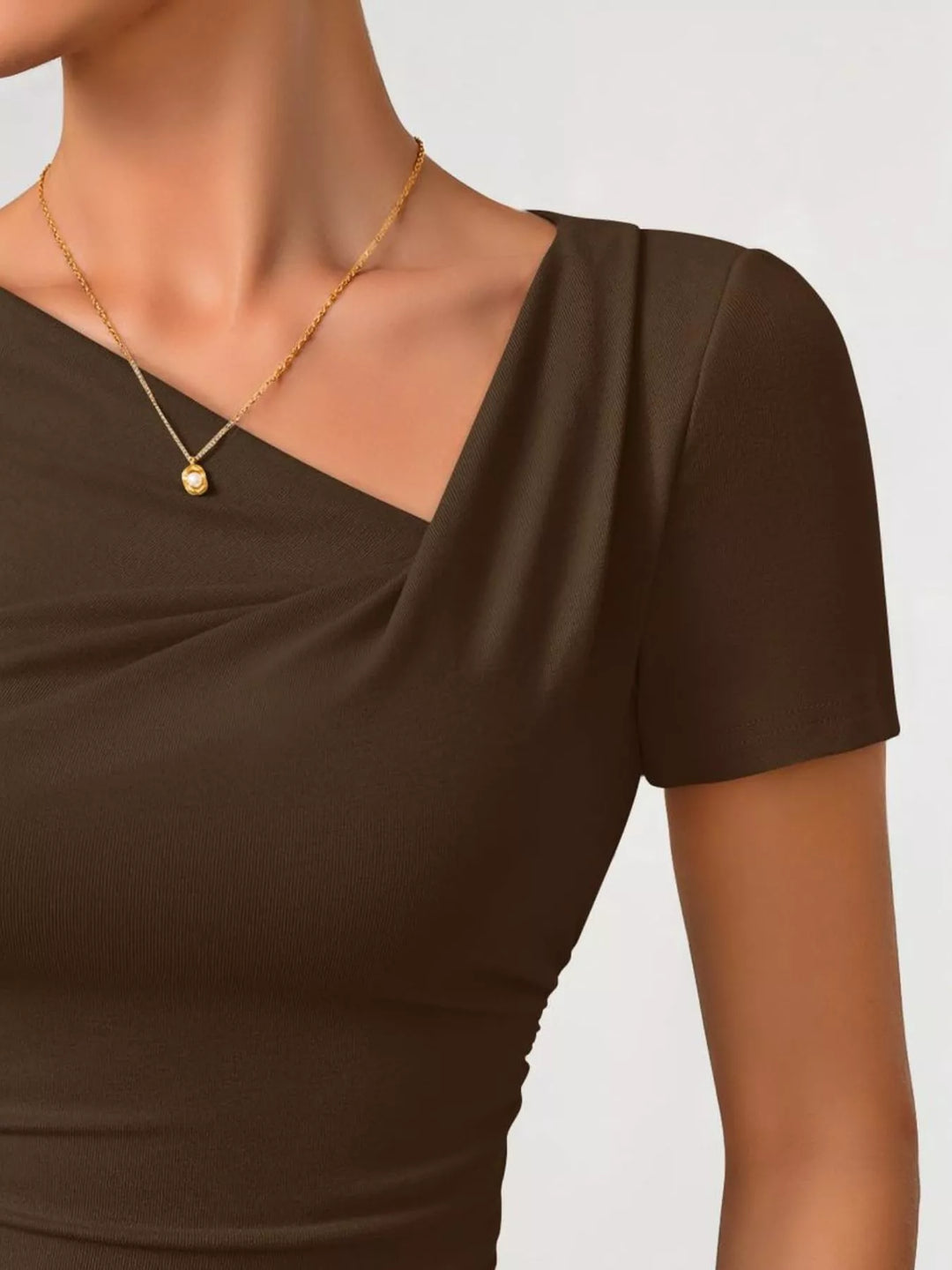 Asymmetrical neckline fitted tee with side ruching