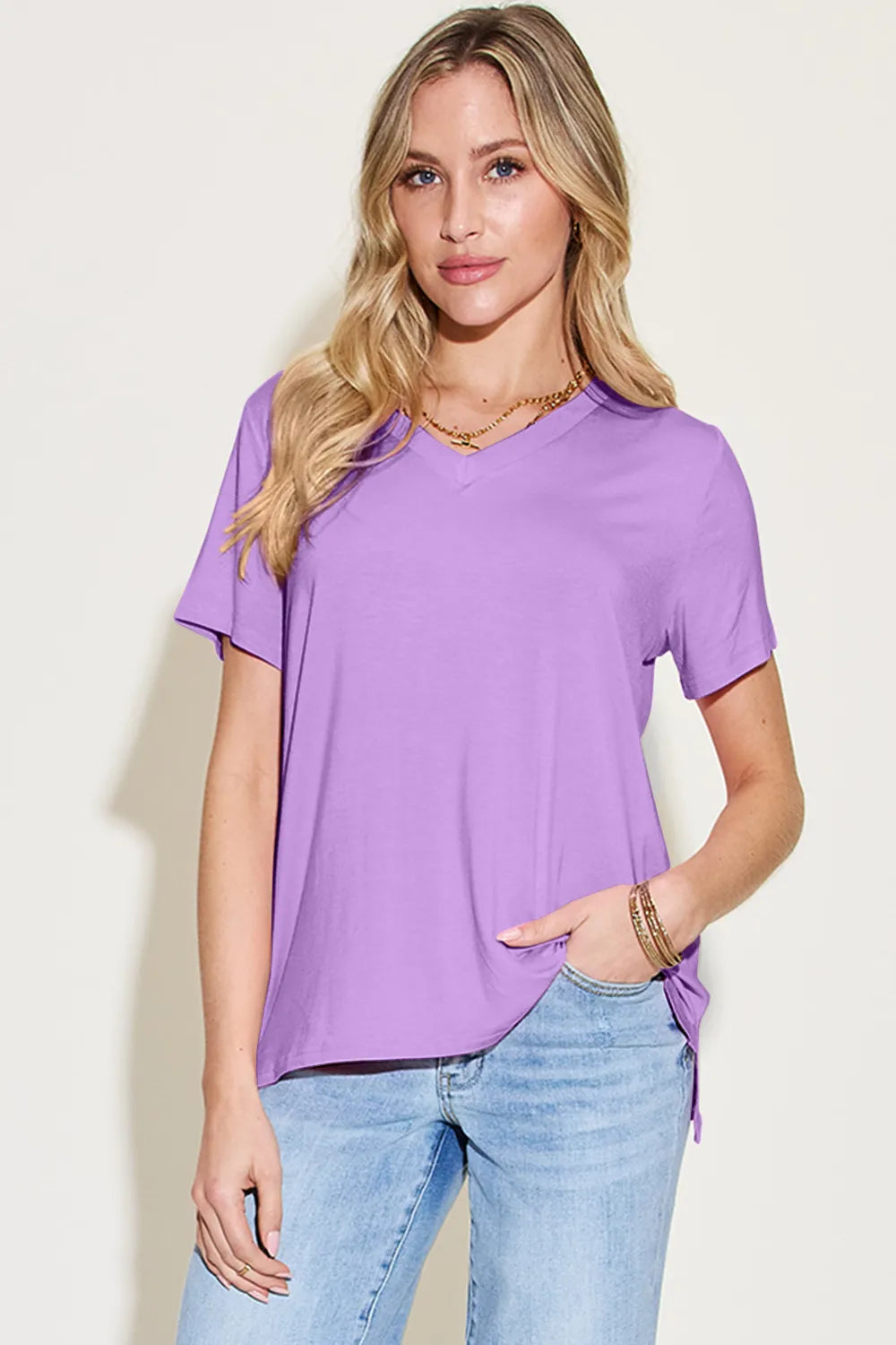 Lavender V-neck high-low bamboo tee with side slits