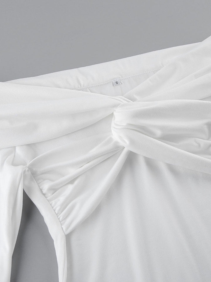 Twist-front off-shoulder fitted long sleeve top