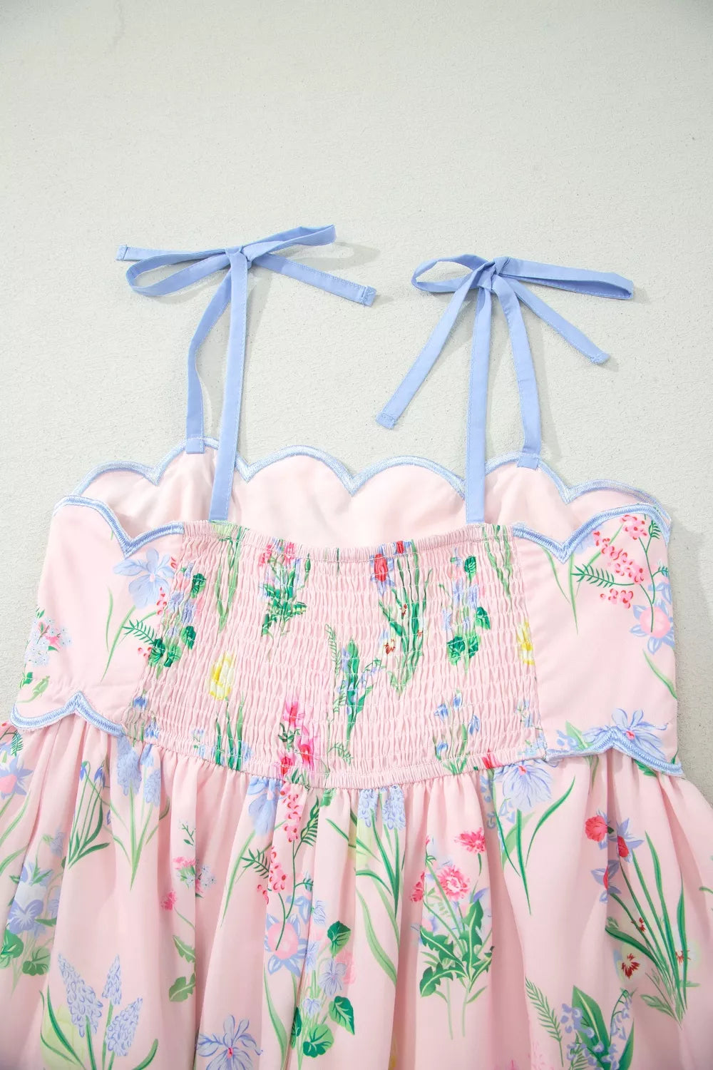 Floral midi dress with self-tie straps and scalloped trim