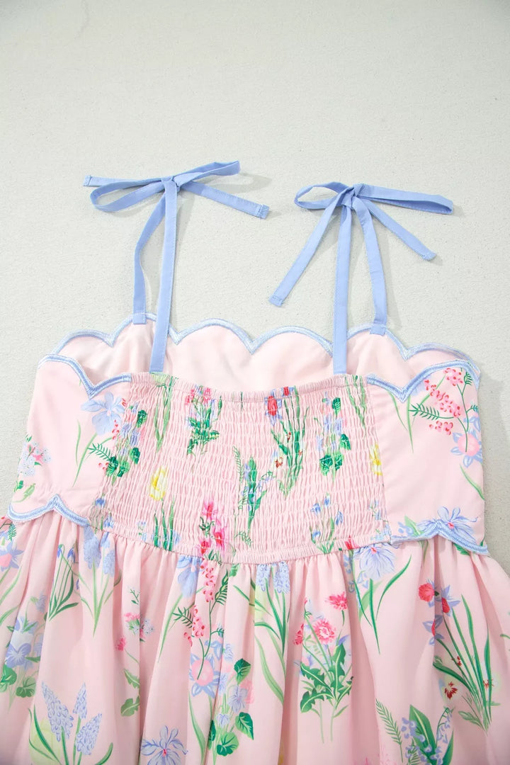 Floral midi dress with self-tie straps and scalloped trim