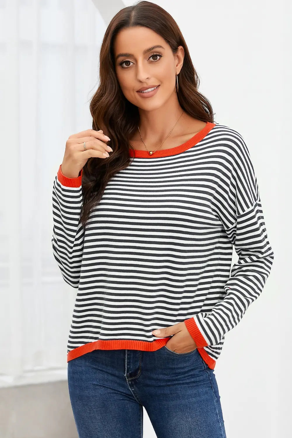 Contrast-trim striped drop-shoulder long sleeve knit top