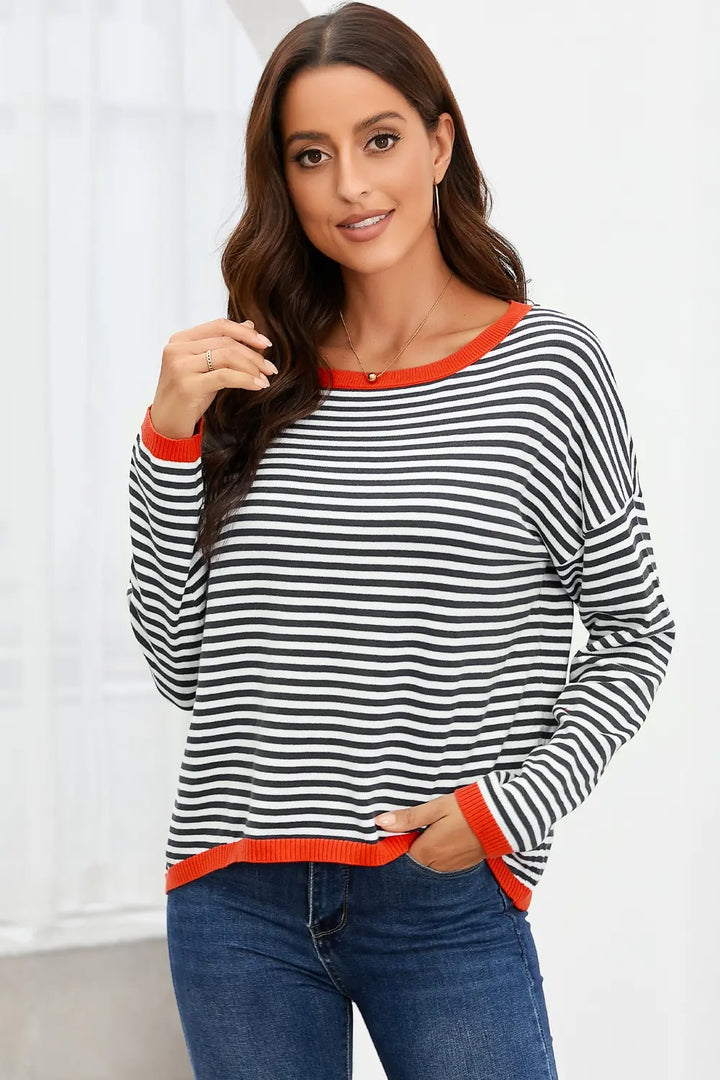 Contrast-trim striped drop-shoulder long sleeve knit top