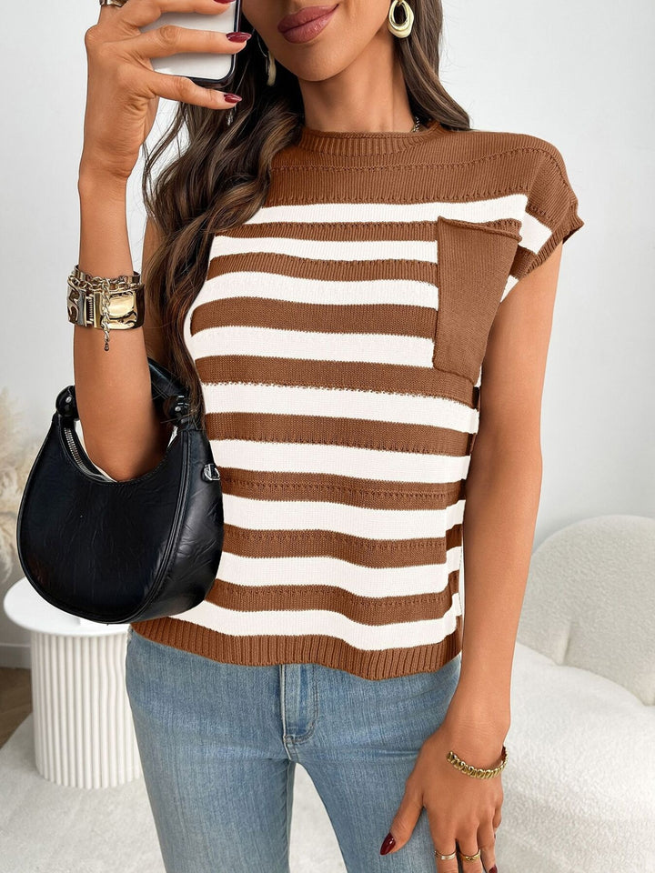 Caramel Color Striped knit cap sleeve top with patch pocket