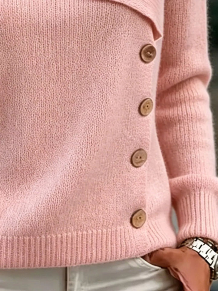 Asymmetrical button sweater with angled ribbed neckline