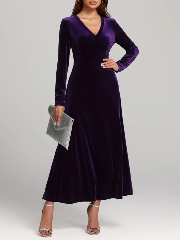 Violet Surplice v-neck long sleeve velvet maxi dress