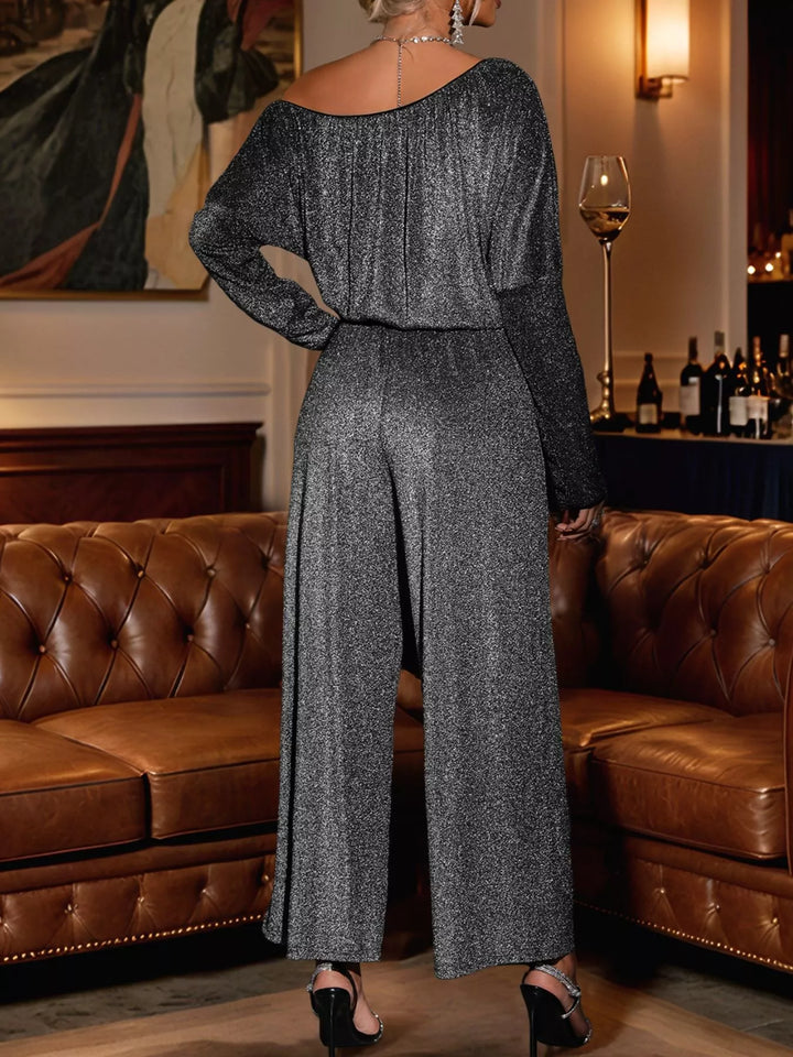 Glitter knit one-shoulder wide leg jumpsuit