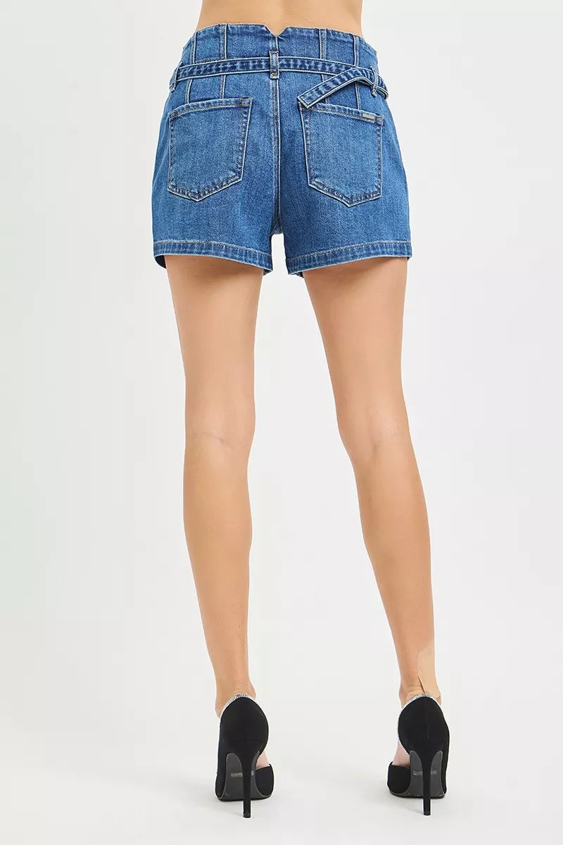 Belted double-button high-rise denim shorts