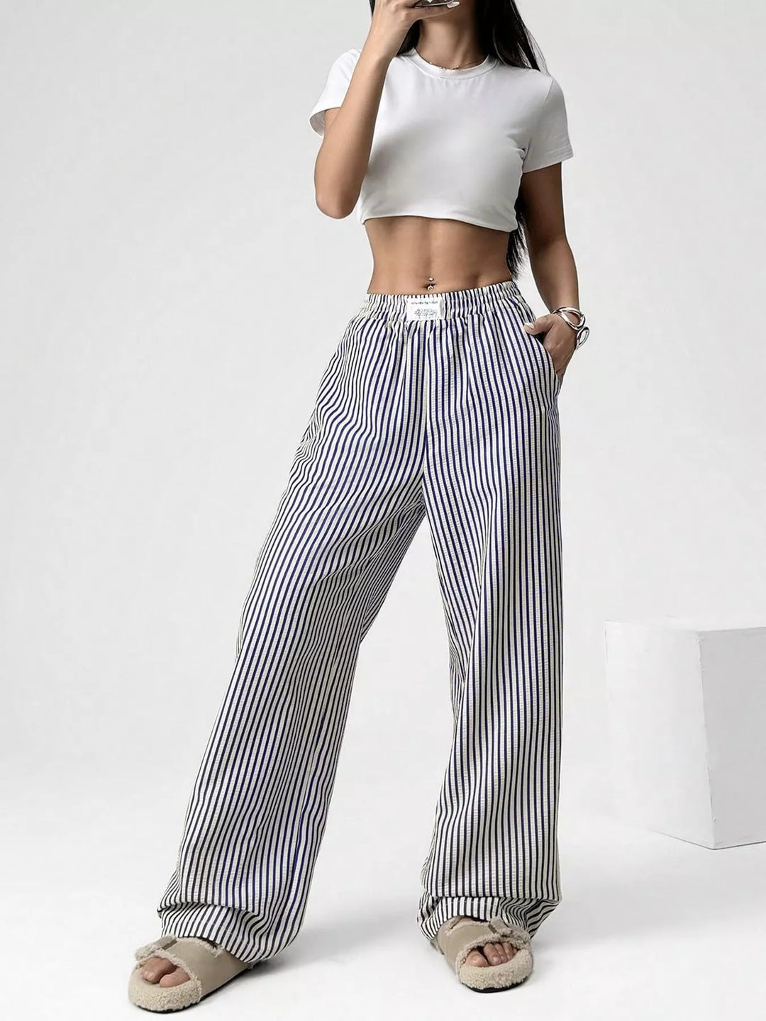 Striped high-waist wide-leg pants with drawstring