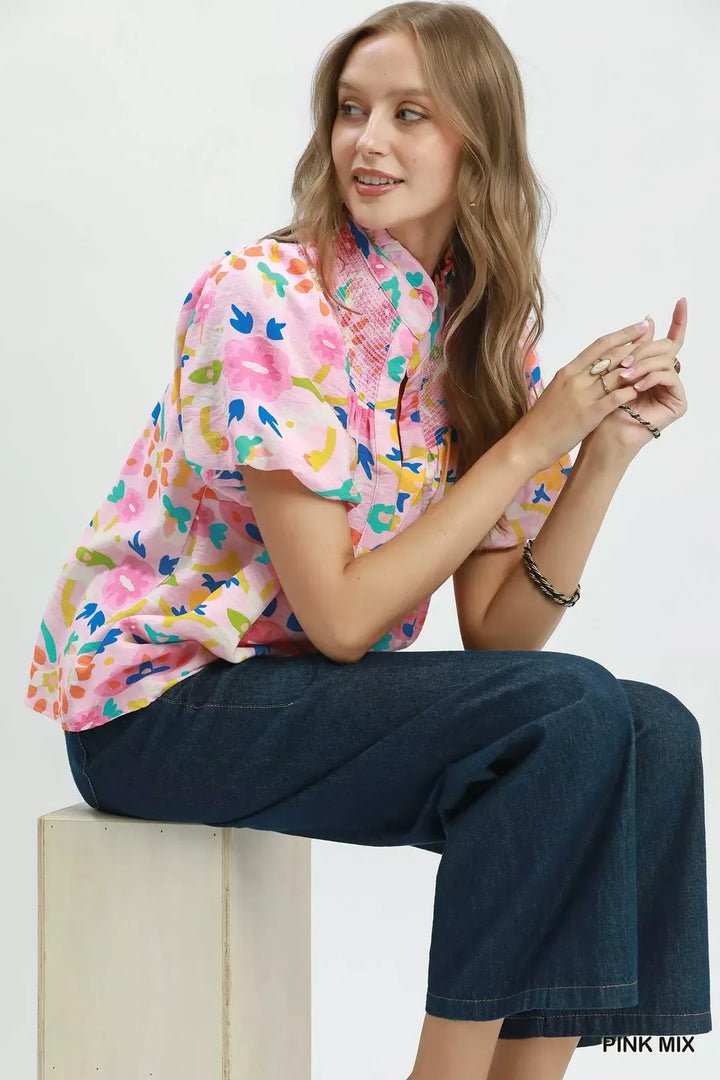 Folk art floral puff sleeve top with smocked collar