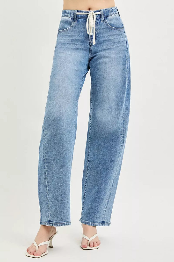 Relaxed wide-leg drawstring waist denim jeans