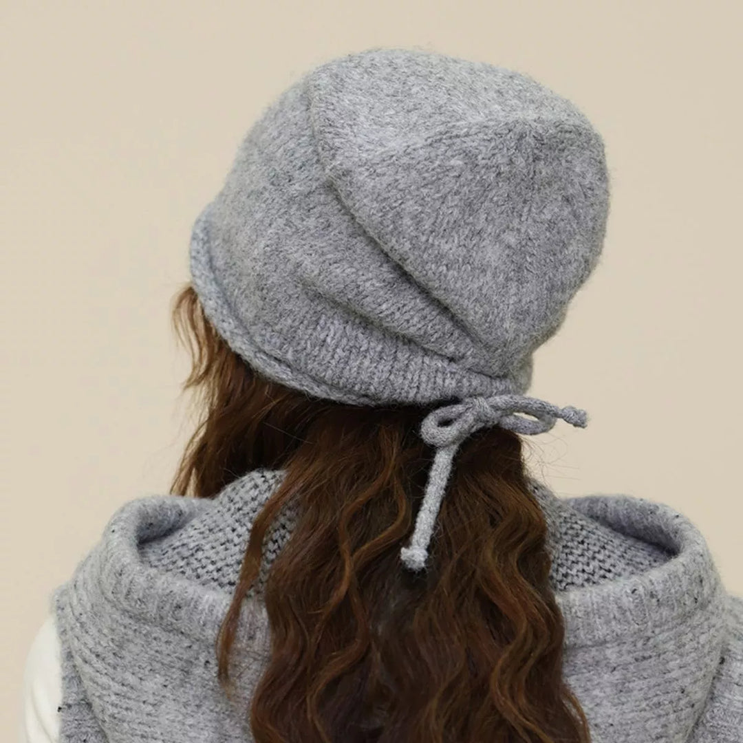 Light Gray Gingham ruffle trim knit bucket hat with soft brim