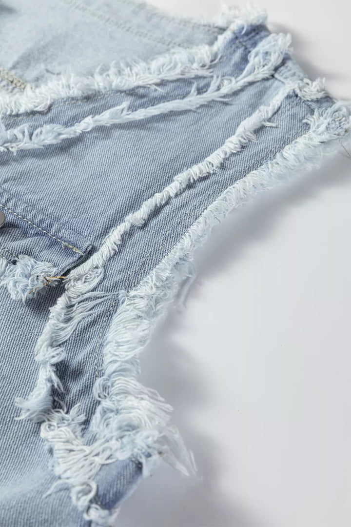 Frayed edge denim vest with snap flap pockets